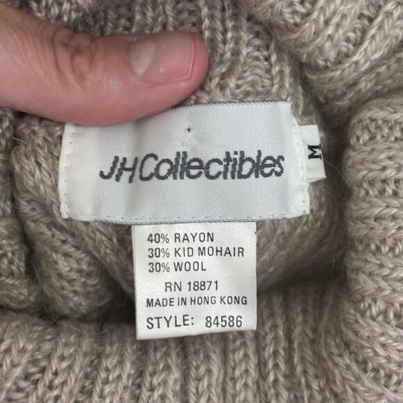 VTG 80s Sweater Medium Tan Cable Knit‎ Turtleneck Fisherman Mohair Wool Neutral - Picture 8 of 10